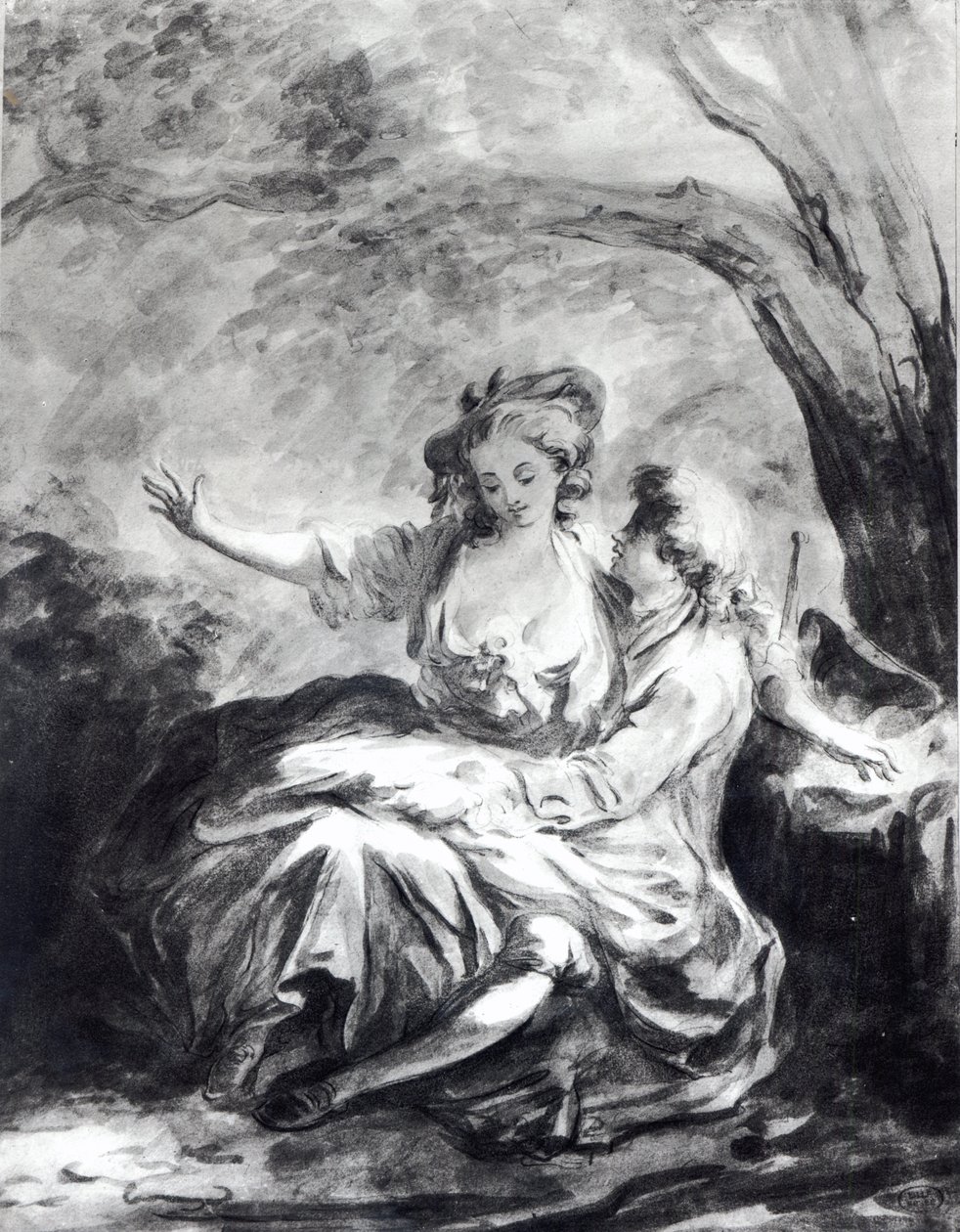 Rakkauden kohtaamispaikka (seepia paperilla) tekijältä Jean Honore Fragonard