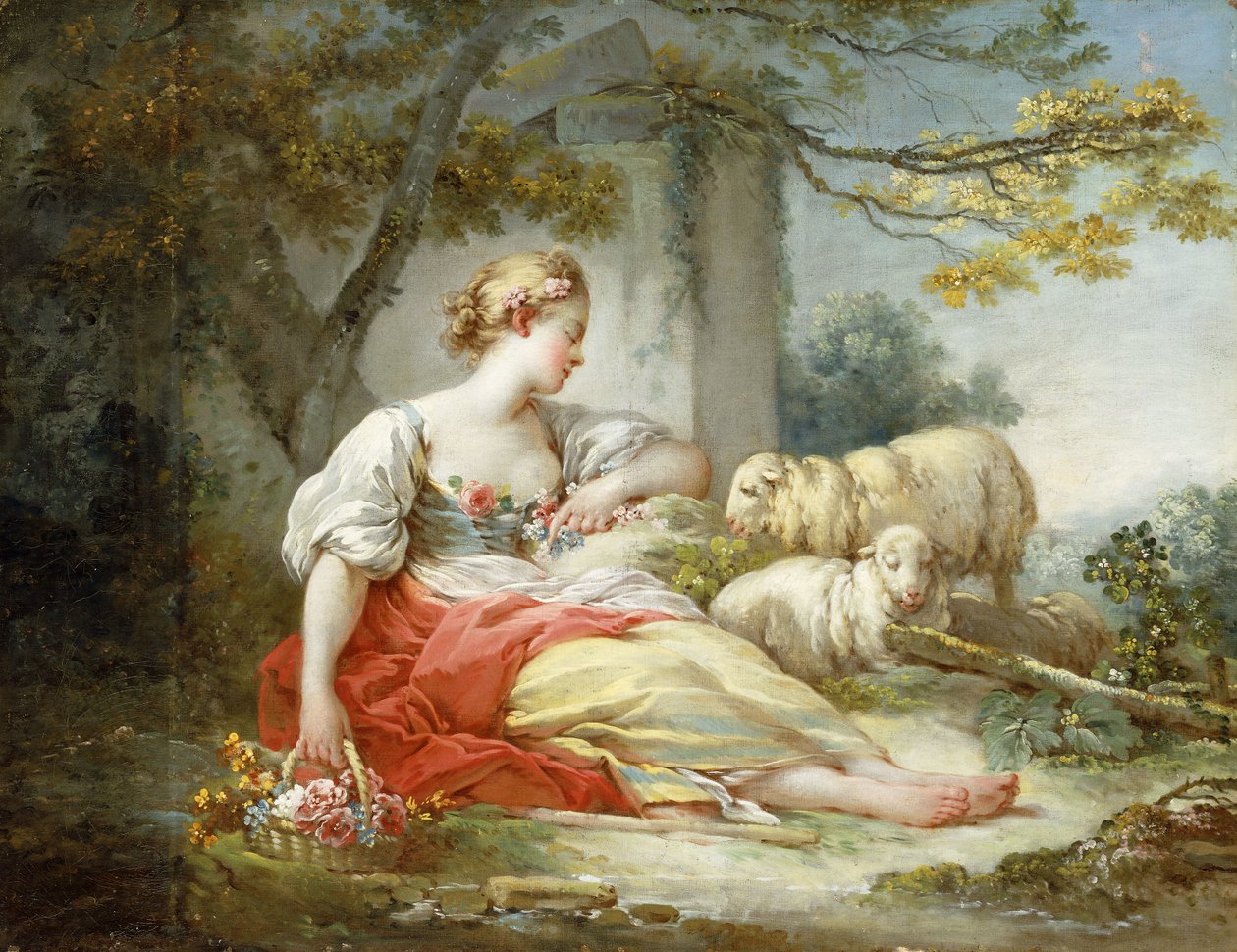 Paimentar, joka istuu lampaiden ja kukkakorin kanssa lähellä rauniota metsäisessä maisemassa, tekijältä Jean Honore Fragonard