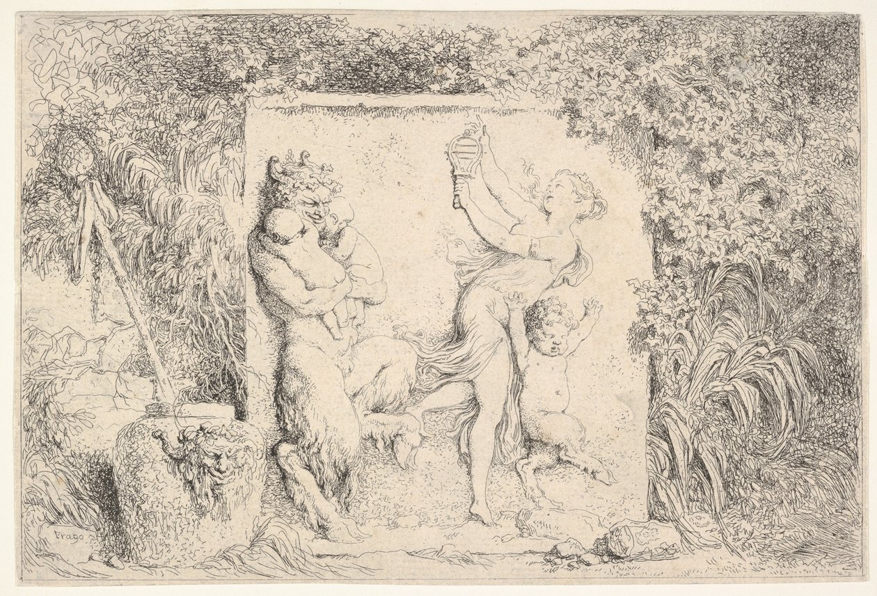 Bareljeef, jossa vasemmalla satyri pitelee kahta vauvaa ja toinen lapsisatiiri oikealla..., 1763. tekijältä Jean Honore Fragonard