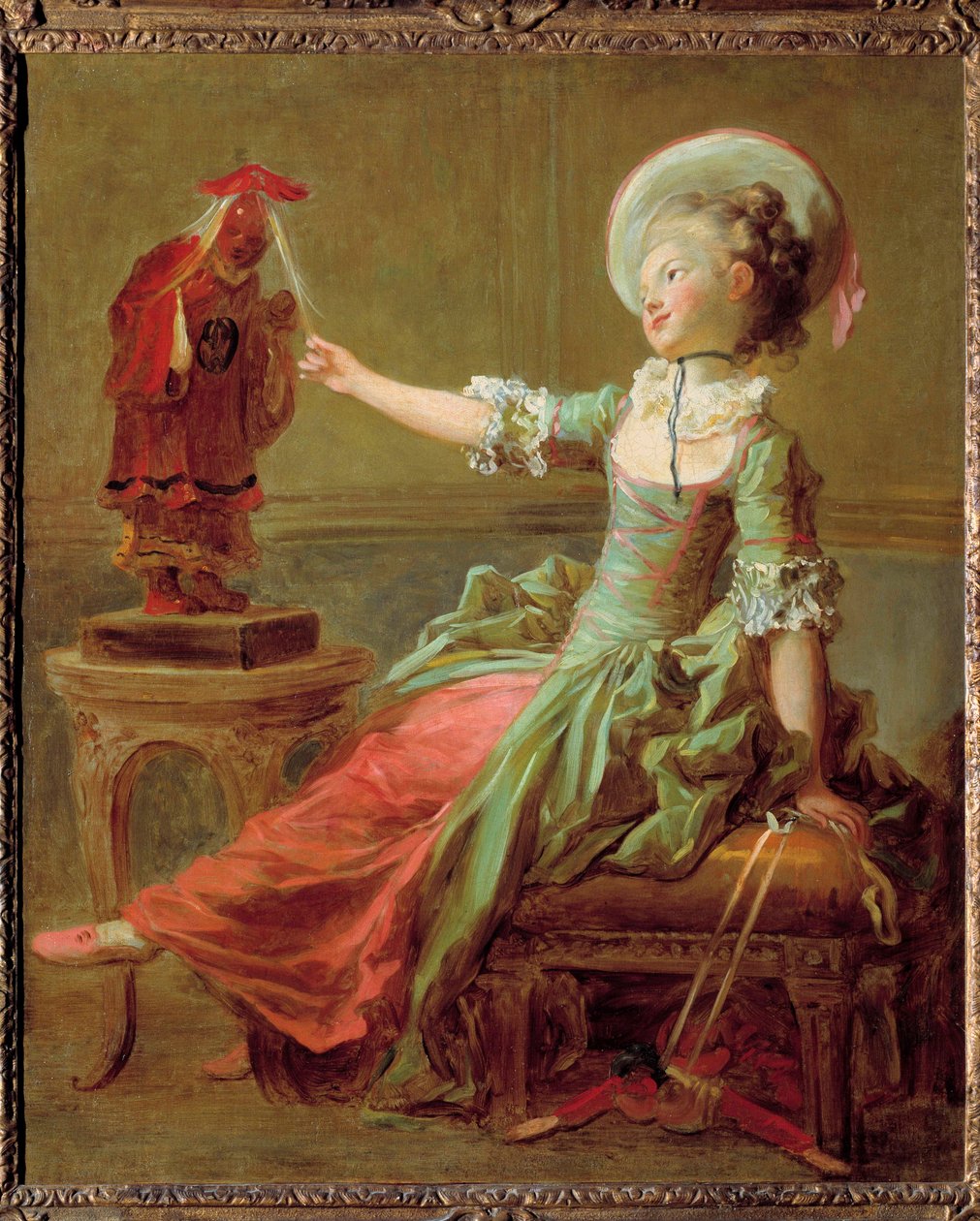 Nuori tyttö pitää hauskaa kiinalaisen patsaan kanssa, joka vetää hiuksiaan. Jean Honore Fragonardin (1732-1806) maalaus 1700-luku Yksityinen kokoelma tekijältä Jean Honore Fragonard