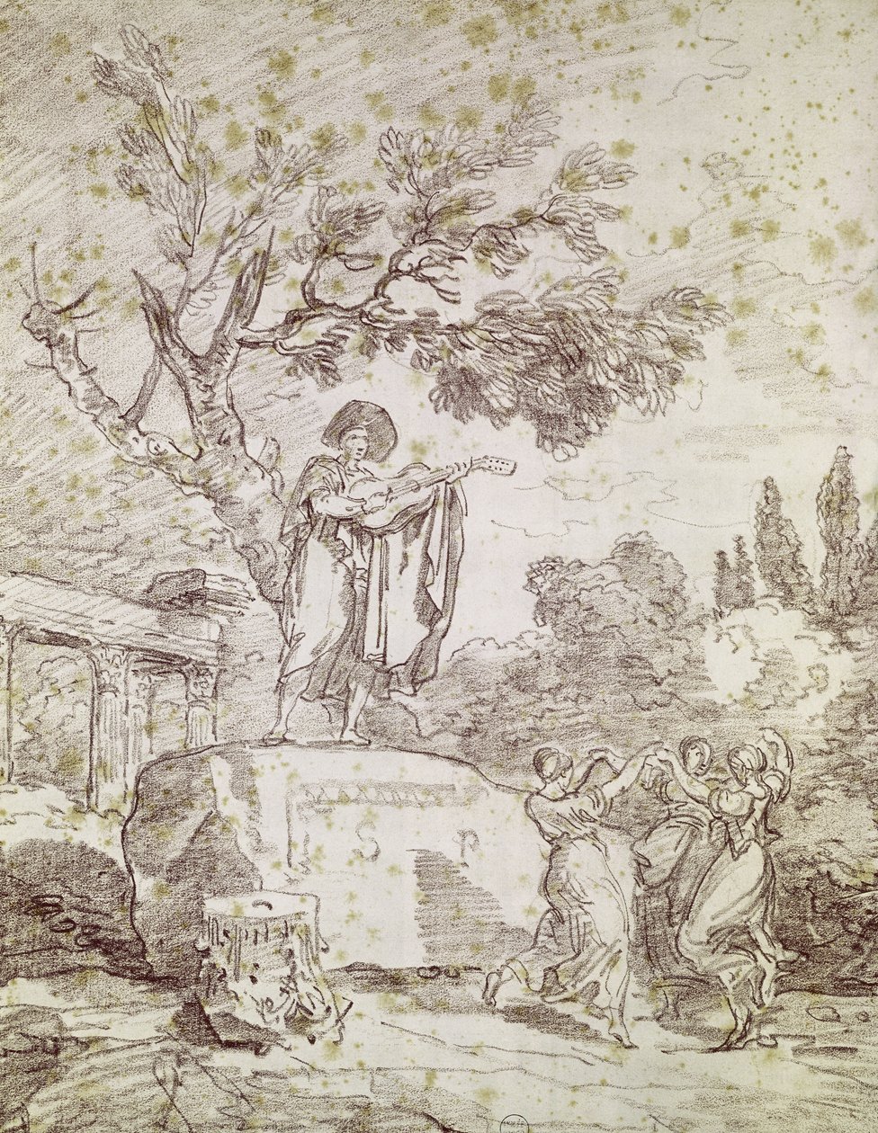 Italialainen kitaristi, joka soittaa kolmelle tanssitytölle (punainen liitu paperilla) tekijältä Jean Honore Fragonard