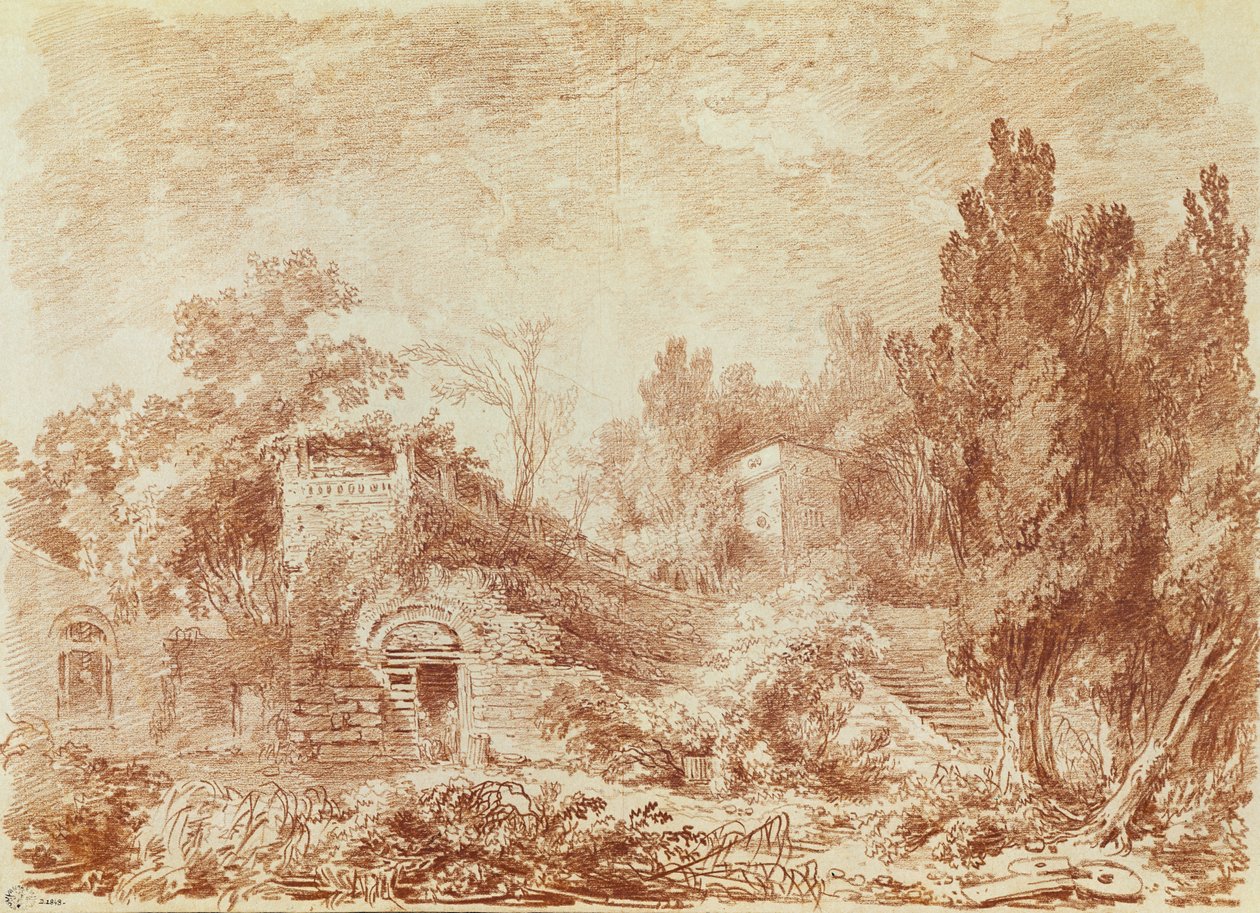 Muinainen teatteri, Hadrianuksen huvila, lähellä Tivolia (punainen liitu paperille) tekijältä Jean Honore Fragonard