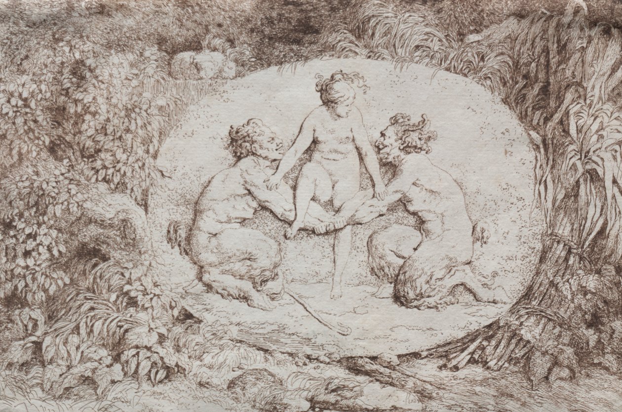 Bacchanales: Nymph, jota tukee kaksi satyyriä tekijältä Jean Honore Fragonard