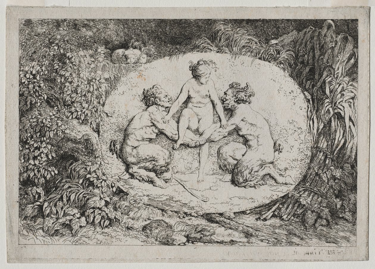 Bacchanales: Nymph, jota tukee kaksi satyyriä tekijältä Jean Honore Fragonard