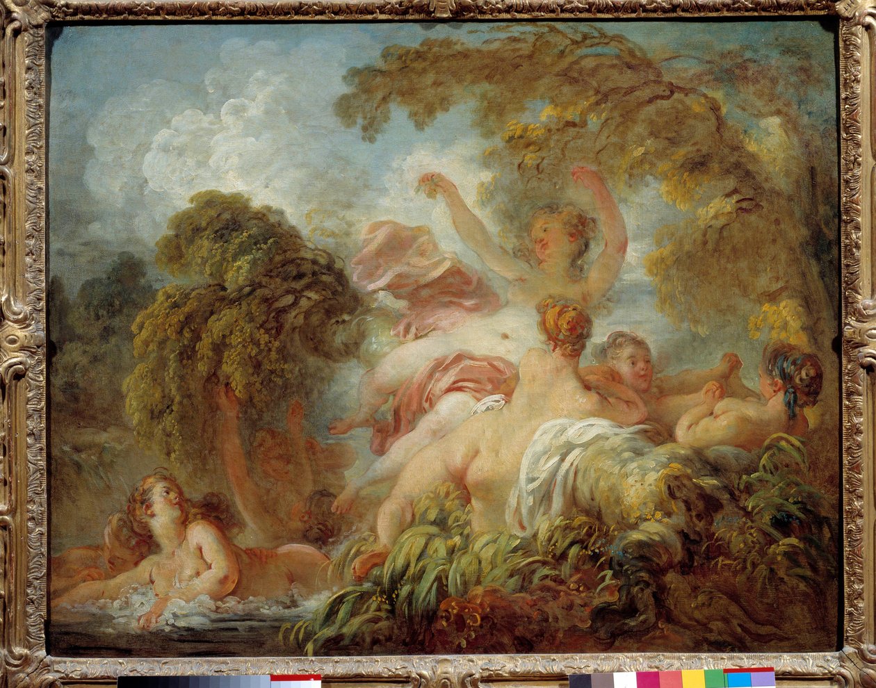 Uimarit Ryhmä alastomia nuoria naisia uimassa. Jean Honore Fragonardin (1732-1806) maalaus 1700-luvun aurinko. 0,64x0,8 m tekijältä Jean Honore Fragonard