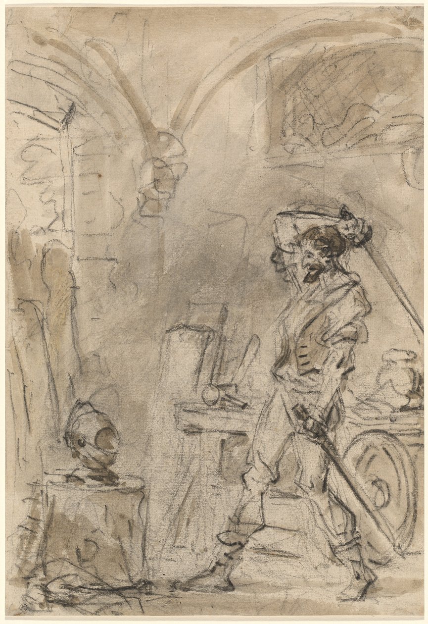 Don Quijote on iskemässä kypärää tekijältä Jean Honore Fragonard
