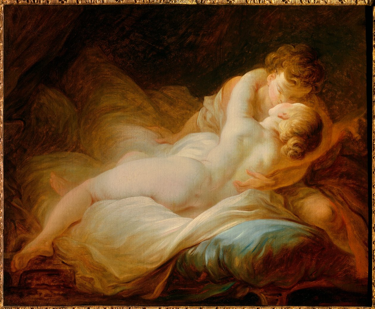 Erotiikka: "" hetken halu""" tai "" onnelliset rakastajat""" Pari suutelee sängyssä. Jean Honore Fragonardin (1732-1806) maalaus 1700-luvulta. Yksityinen kokoelma tekijältä Jean Honore Fragonard