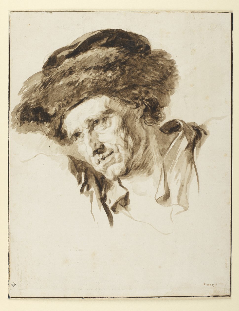 Miehen pää, jolla on turkislakka, 1774 (kynä ja muste, pesu ja grafiitti paperille) tekijältä Jean Honore Fragonard