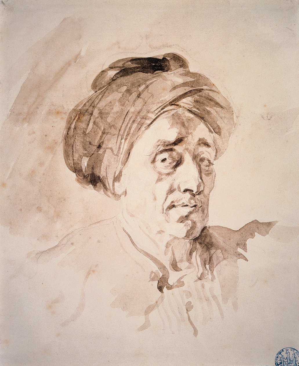 Pään kanssa turbaani Jean Honore Fragonardin (1732-1806) pesupiirros. 1700-luvun Besancon. Kuvataidemuseo tekijältä Jean Honore Fragonard