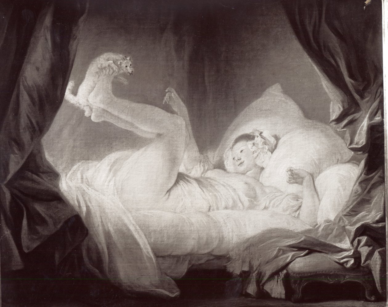 La Gimblette tai nuori tyttö, joka saa koiransa tanssimaan sängyllään (öljy kankaalle) (m/v kuva) tekijältä Jean Honore Fragonard