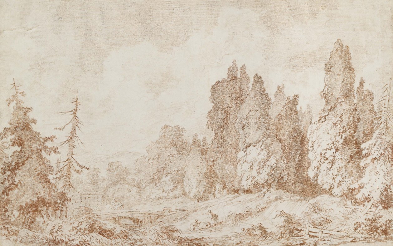 Maisema sillan kanssa, n. 1760 (punainen liitu luonnonvalkoiselle paperille) tekijältä Jean Honore Fragonard