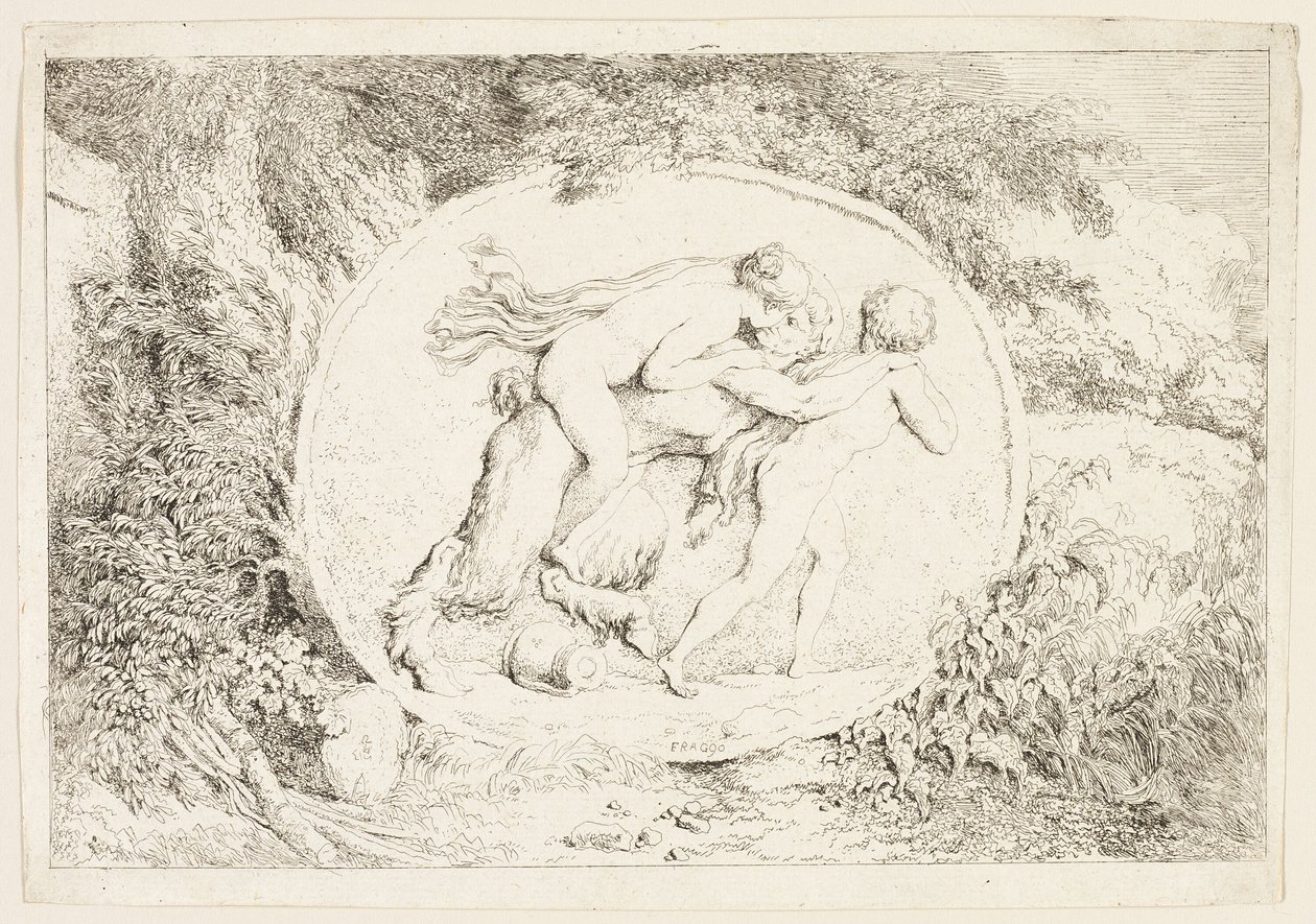 Nymfi ratsastaa satyyrin selässä, Bacchanales eli Satyyrien leikit -teoksesta. tekijältä Jean Honore Fragonard