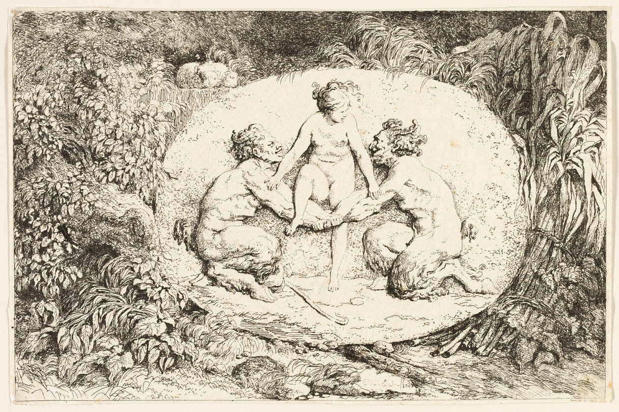 Nymfi istuu kahden satiirin käsissä Bacchanalesista eli satiirien leikeistä. tekijältä Jean Honore Fragonard