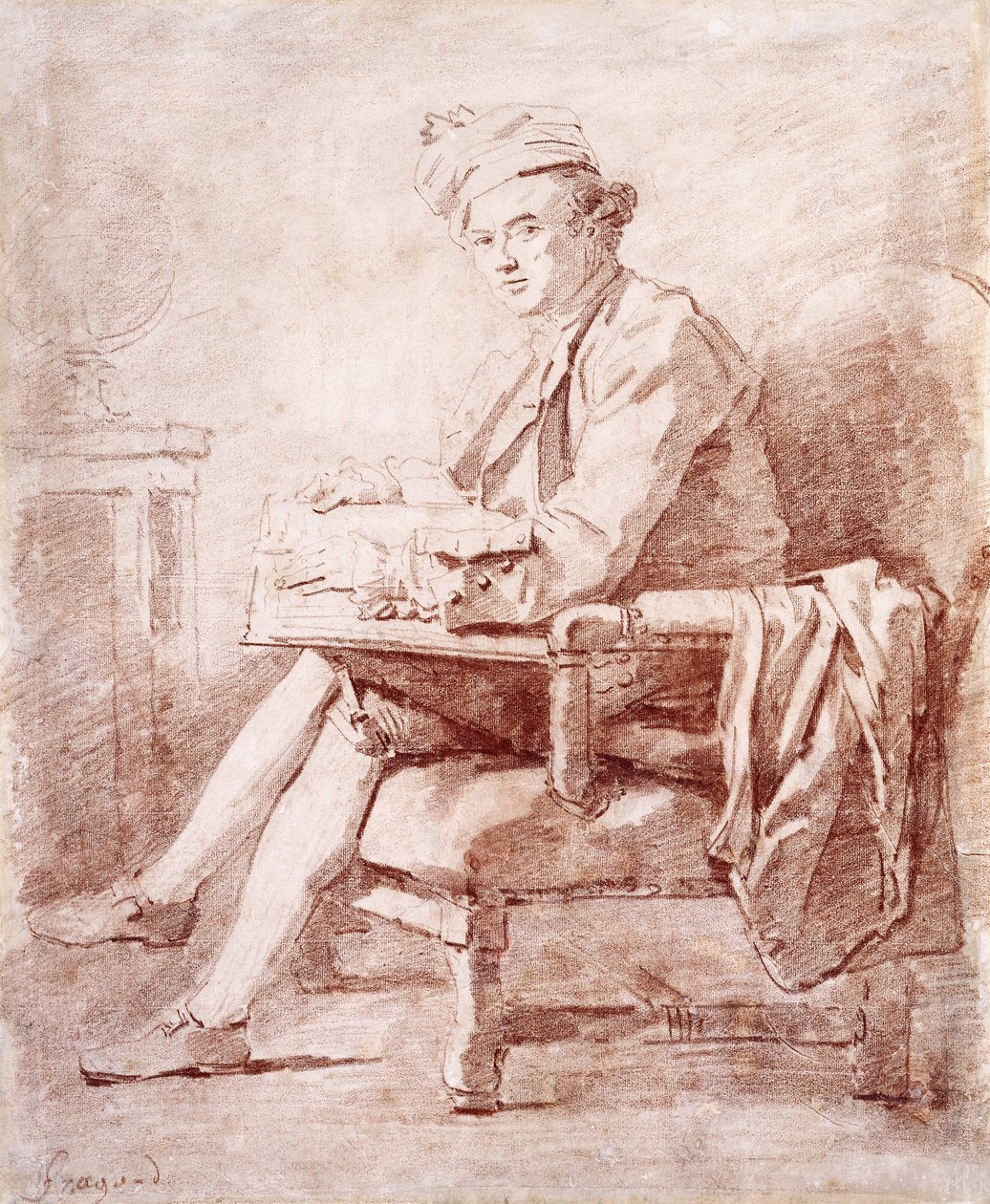 Joseph-Jerome Le Francais de Lalanden muotokuva, täyspitkä, istuva, profiilissa vasemmalla, kädessään kirja, maapallo lepää pöydällä vasemmalla, tekijältä Jean Honore Fragonard