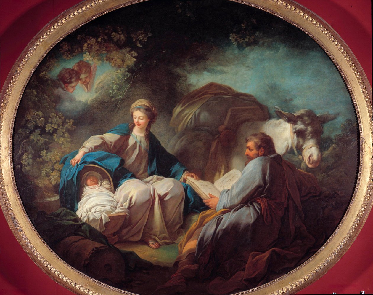 Lepo Egyptin lennon aikana Pyhä perhe lepää matkan aikana. Jean Honore Fragonardin (1732-1806) maalaus 1700-luku Yksityinen kokoelma tekijältä Jean Honore Fragonard