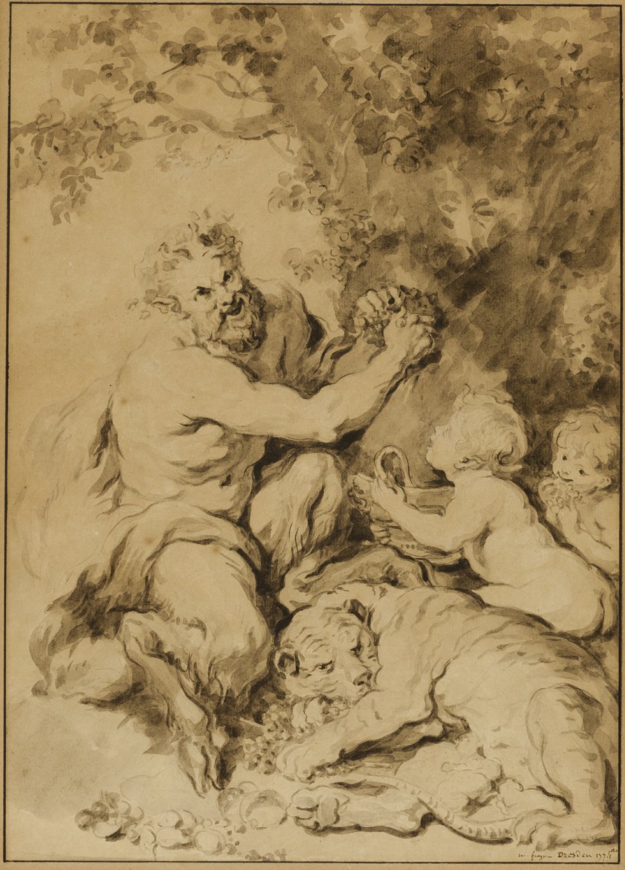Satyr puristaa viinirypäleitä tiikerin vieressä tekijältä Jean Honore Fragonard