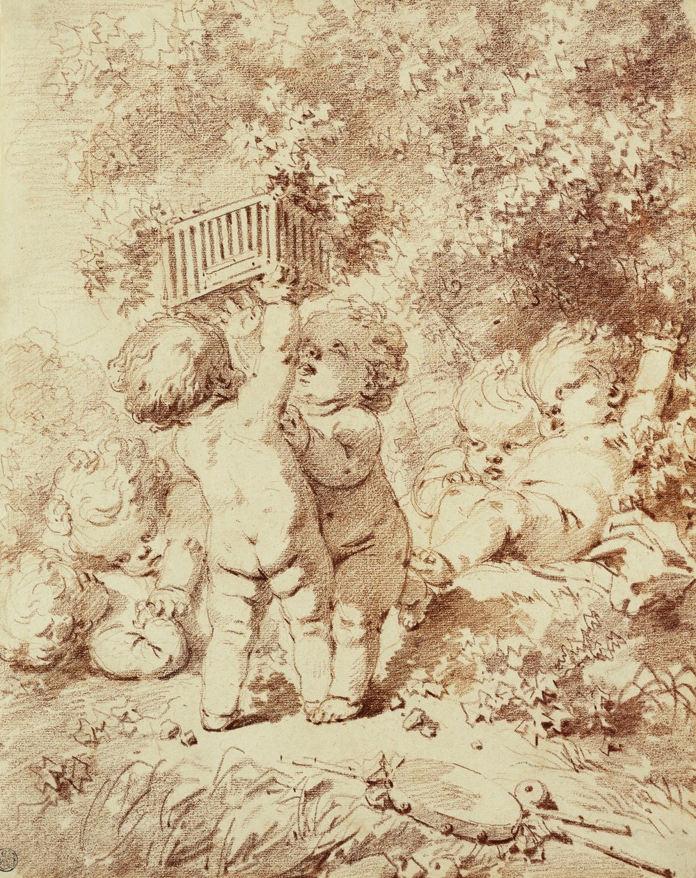 Kuusi puttia leikkimässä, kaksi pitelemässä häkkiä, tekijältä Jean Honore Fragonard