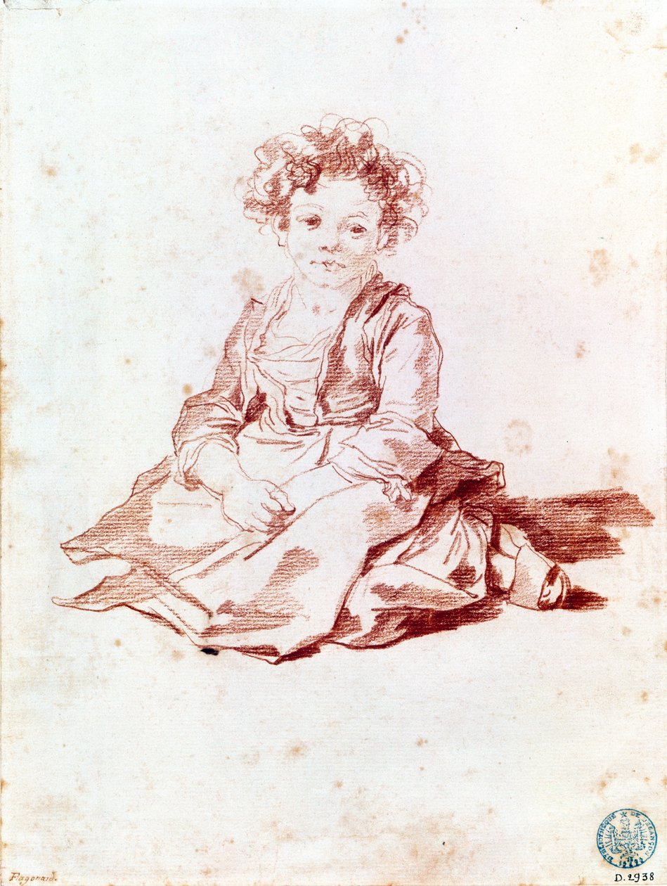 Pieni tyttö istuu maassa (punainen liitu paperille) tekijältä Jean Honore Fragonard
