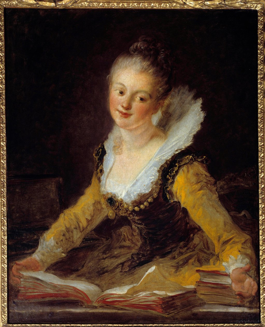 Opiskelu. Nainen on toimistossaan selaamassa kirjoja oppiakseen. Jean Honore Fragonardin (1732-1806) maalaus tekijältä Jean Honore Fragonard