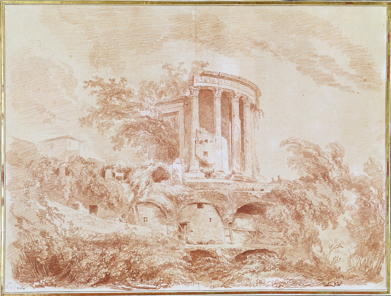 Sybilin temppeli Tivolissa (punainen liitu paperille) tekijältä Jean Honore Fragonard