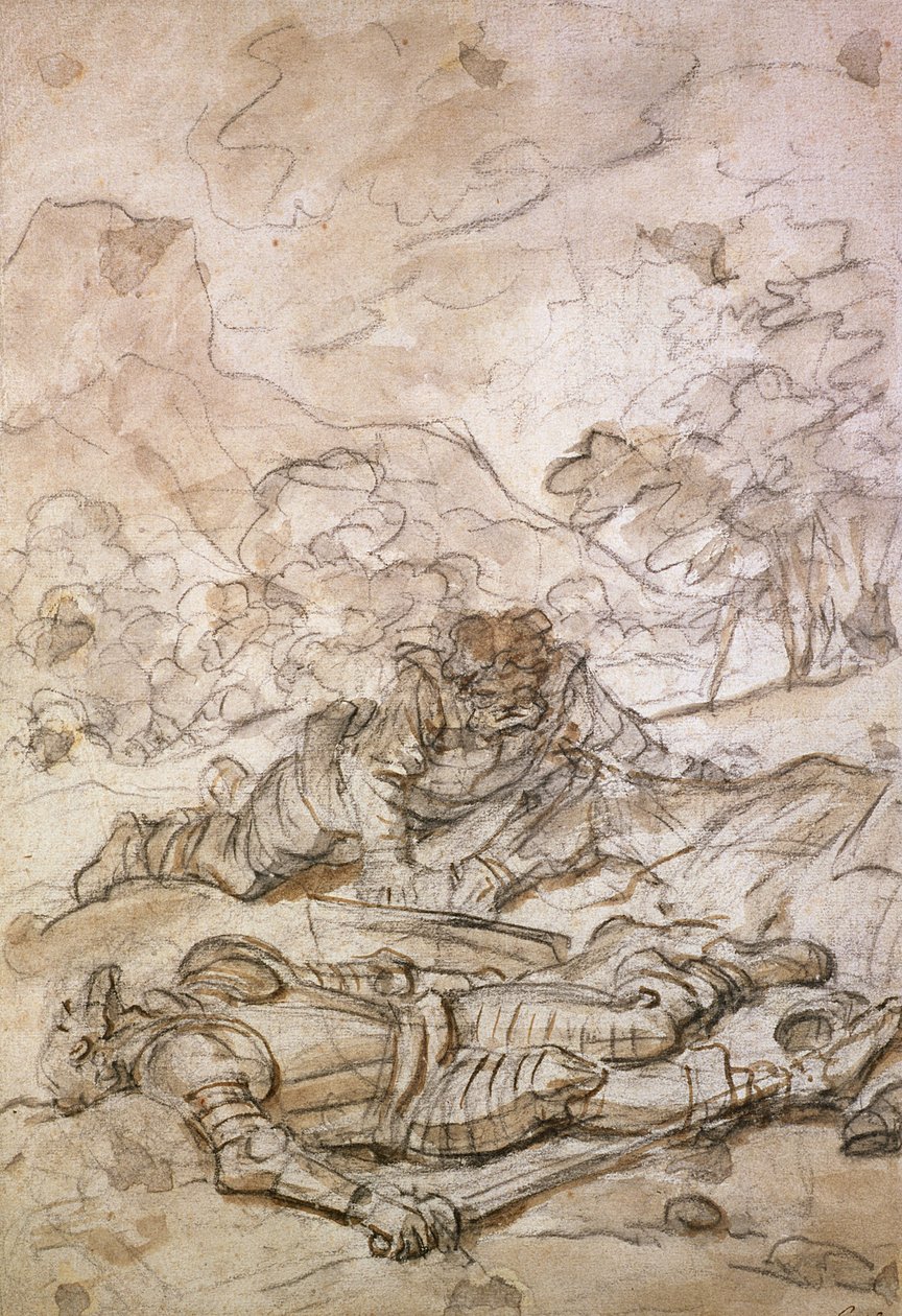 Don Quijoten ja Sancho Panzan surullinen tilanne, Galley-orjien pahoinpitelemä, 1700-luku tekijältä Jean Honore Fragonard