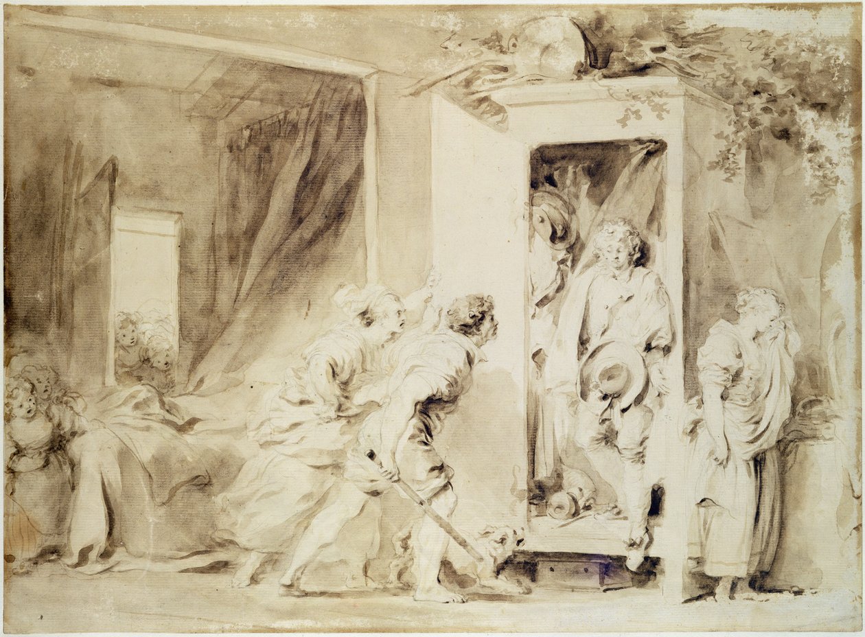 Yllättynyt rakastaja, 1755 (ruskea lyijykynä liidun päällä alustava piirustus) tekijältä Jean Honore Fragonard