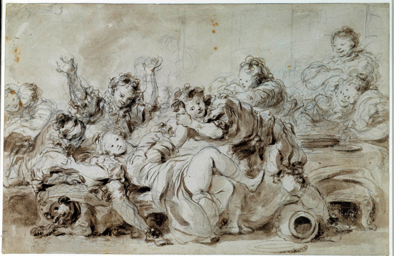 Hyökkääjä rankaisi Jälkeen "" Gascon rankaisi"", tarina Jean de la Fontaine. Jean Honore Fragonardin (1732-1806) piirustus 1700-luku Yksityinen kokoelma tekijältä Jean Honore Fragonard