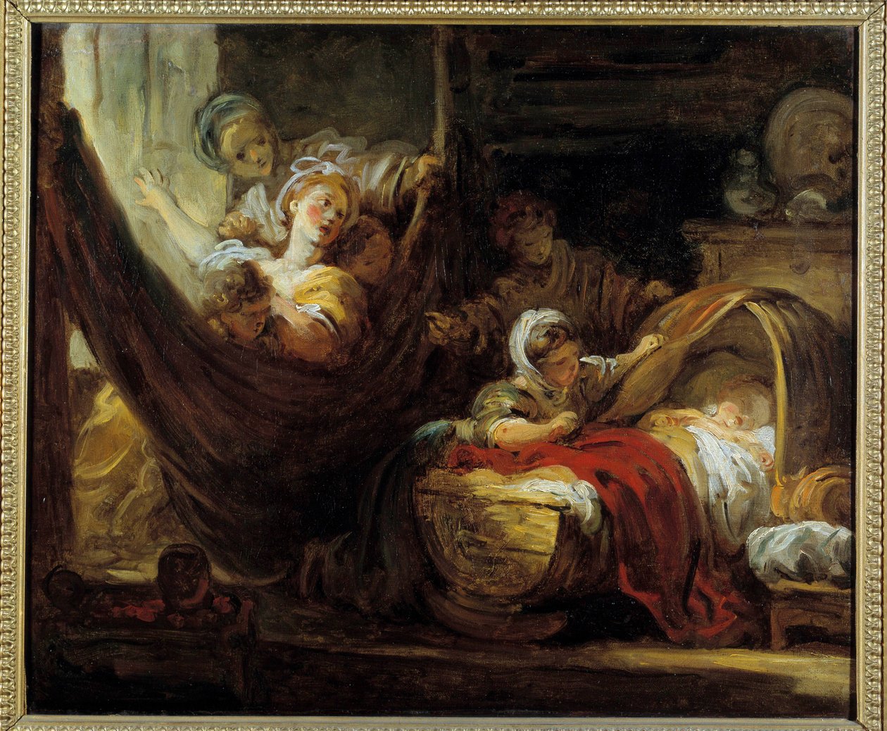 Kehto Äiti riippumatossa tyttärensä ja vauvan ympäröimänä korissa. Jean Honore Fragonardin (1732-1806) maalaus 1700-luvulta Amiens, Musee de Picardie tekijältä Jean Honore Fragonard