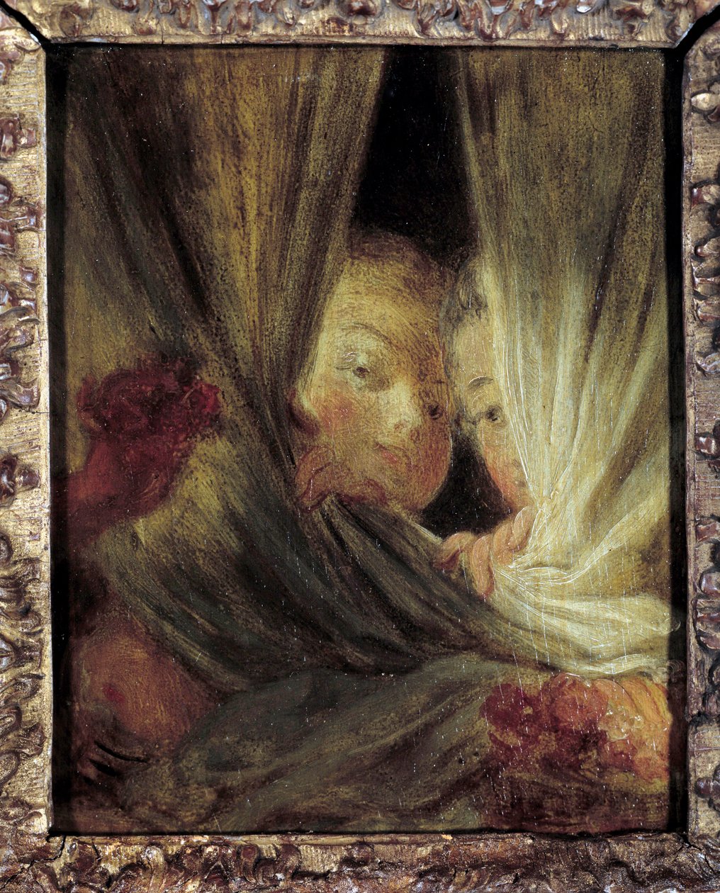 Utelias Kaksi pientä tyttöä vakoilee verhojen takana. Jean-Honore Fragonardin (1732-1806) maalaus 1700-luvun aurinko. 0,16x0,12 m. tekijältä Jean Honore Fragonard