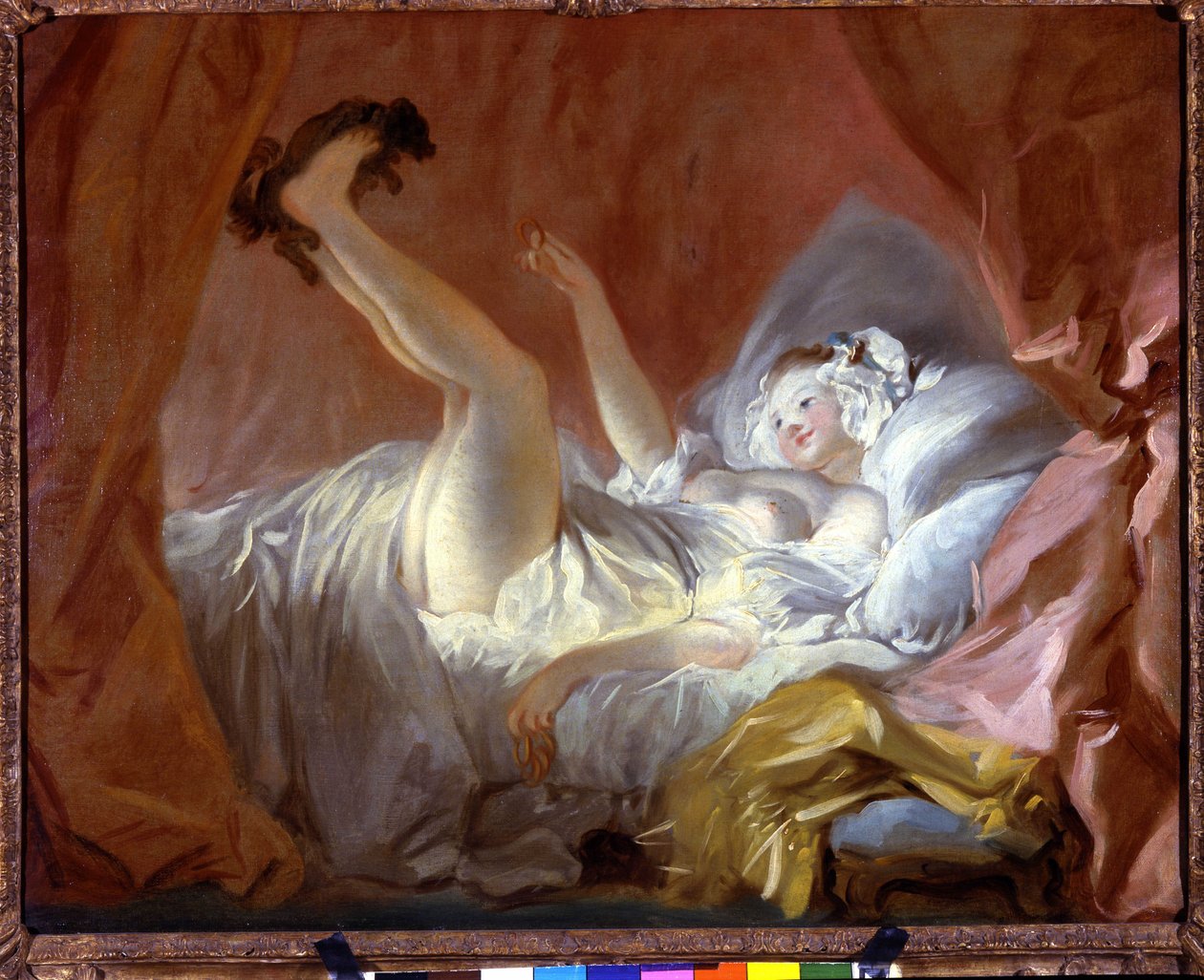Gembletti. Gimblette on renkaiden muotoinen leivonnainen. Tyttö leikkii sängyllään makuulla koiran kanssa ojentaen hänelle tämän keksin. Jean Honore Fragonardin (1732-1806) maalaus, Paris Fond Cailleux tekijältä Jean Honore Fragonard