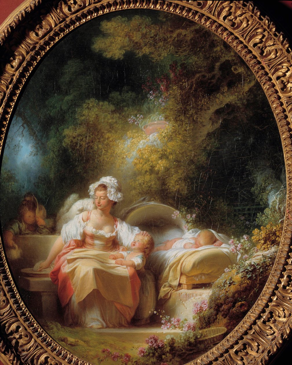 Hyvä äiti Nuori äiti lastensa ympäröimänä puutarhassa. Jean Honore Fragonardin (1732-1806) maalaus tekijältä Jean Honore Fragonard