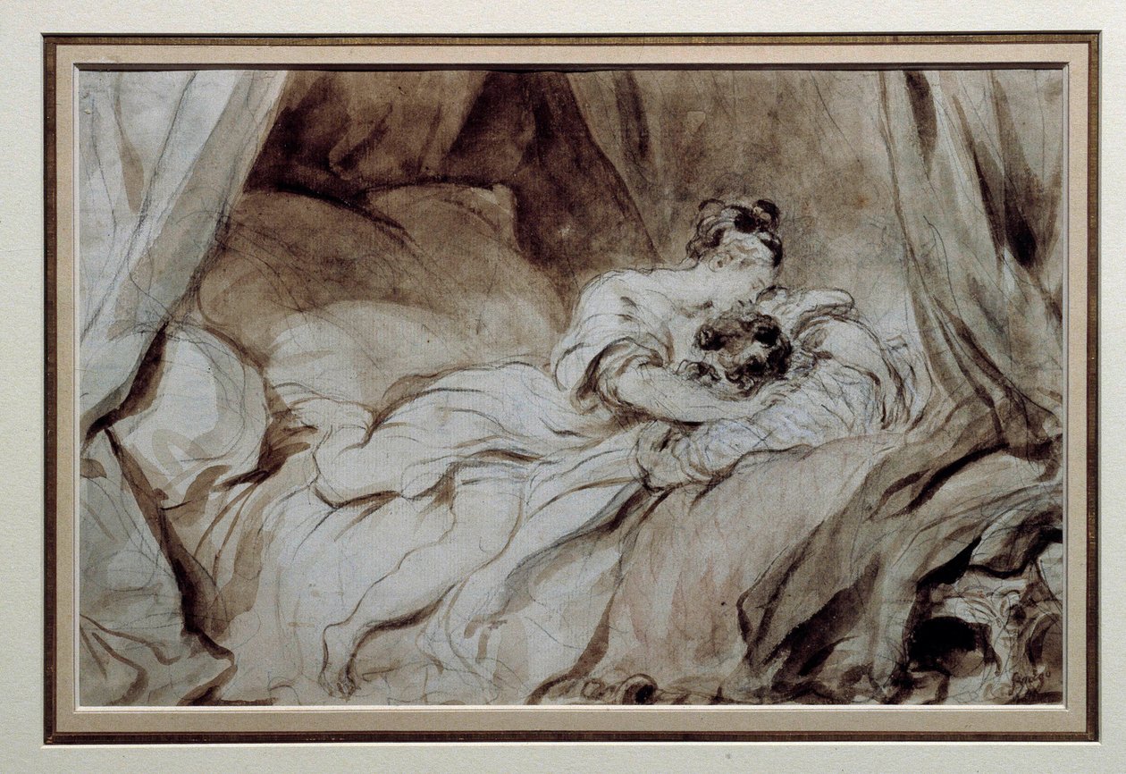 Onnellinen hetki Pari silitti toisiaan sängyssä. Jean Honore Fragonardin (1732-1806) piirustus Bistre Washissa 1700-luvun yksityinen kokoelma tekijältä Jean Honore Fragonard
