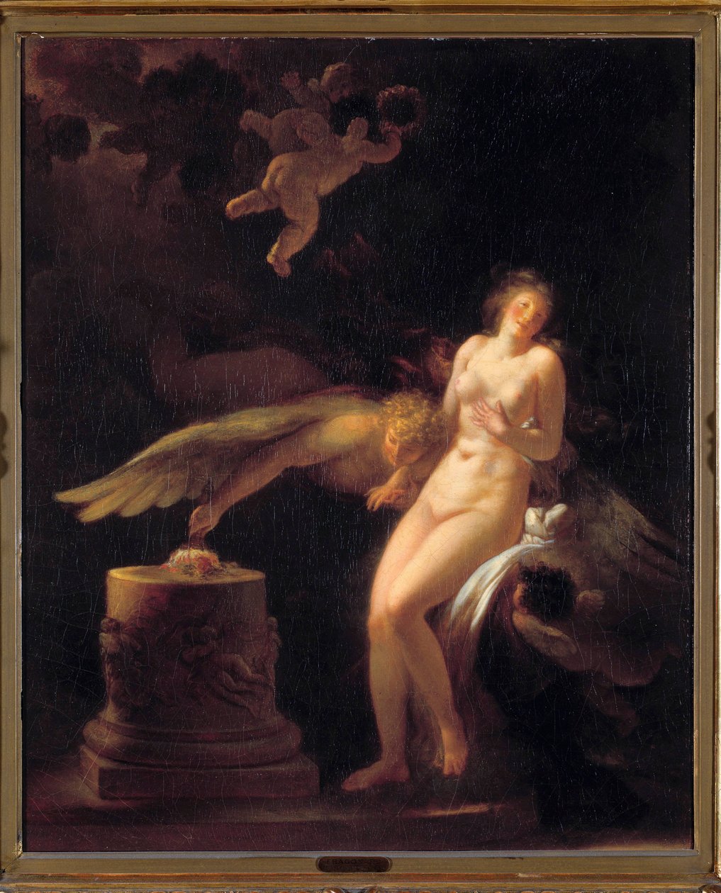 Ruusun uhri Alaston nuori nainen uhrialttarin edessä, jolle on laskettu ruusu (hänen neitsytensä?) ja olento ailee. Jean Honore Fragonardin (1732-1806) maalaus. 1700-luvun yksityinen kokoelma tekijältä Jean Honore Fragonard