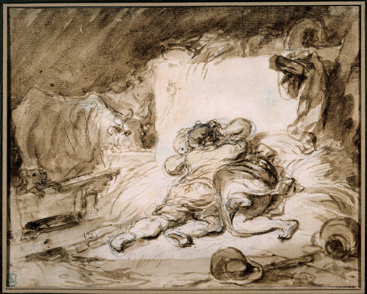 Talli A Pariskunta syleilee heinäsuovasta. Jean Honore Fragonard (1732-1806) Parisin piirros pesussa. Musee Cognacq Jay tekijältä Jean Honore Fragonard