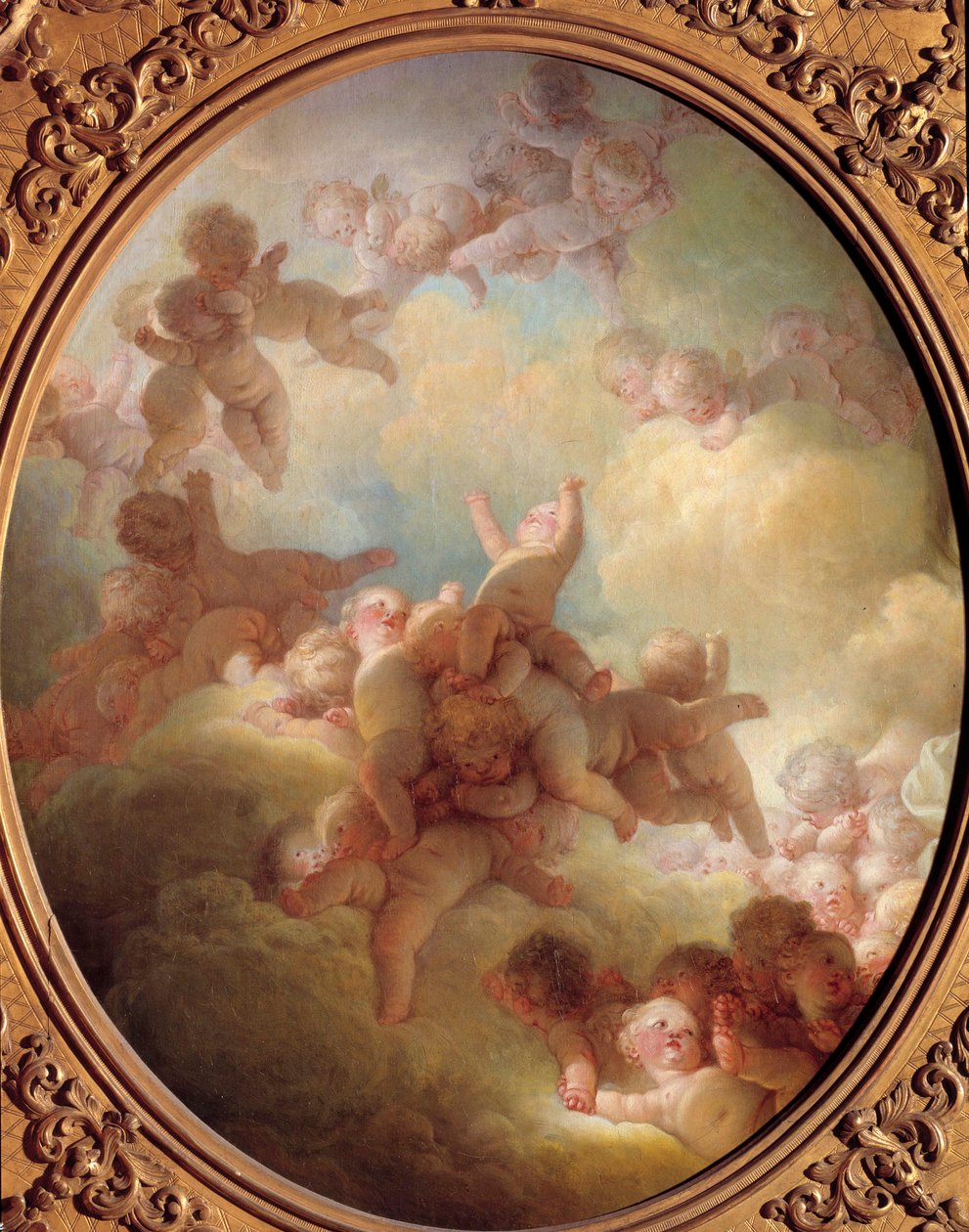 Rakkausryhmän parvi pilvissä. Jean Honore Fragonardin (1732-1806) maalaus 1700-luvun aurinko. 0,56x0,65 m Pariisin Louvre-museo tekijältä Jean Honore Fragonard