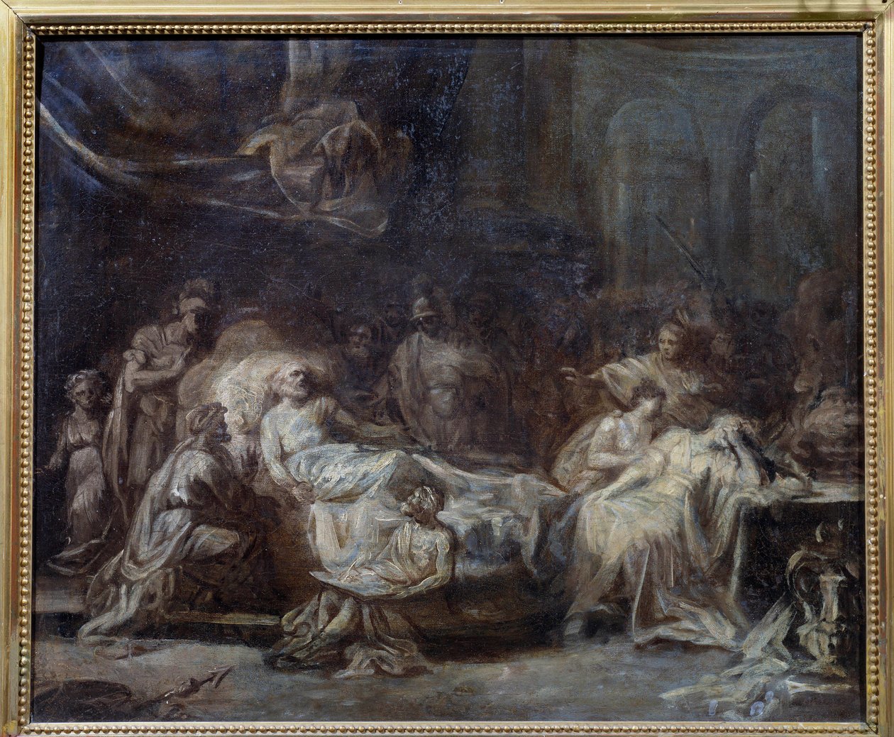 Tahtoperhe yhdistyi vanhan miehen ympärille tuskalla sanelemassa tahtoaan. Jean Baptiste Fragonardin (1732-1806) valmistelupiirustus 1700-luvun Reims, Musee des Beaux Arts tekijältä Jean Honore Fragonard