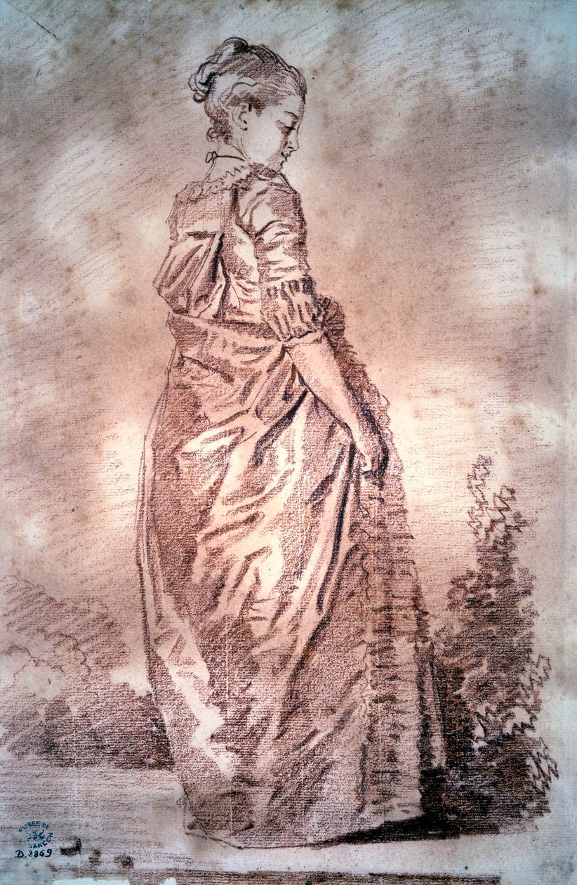 Jean Honore Fragonardin nuori nainen kävelemässä verta piirtäen tekijältä Jean Honore Fragonard