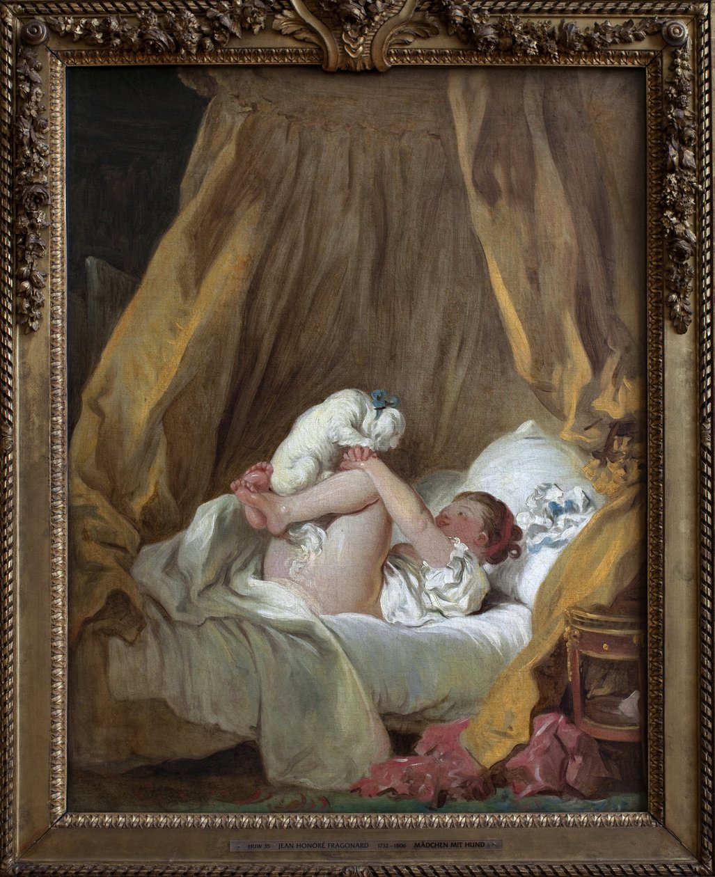 Nuori tyttö koiran kanssa. Jean Honore Fragonardin (1732-1806) maalaus öljy kankaalle tekijältä Jean Honore Fragonard