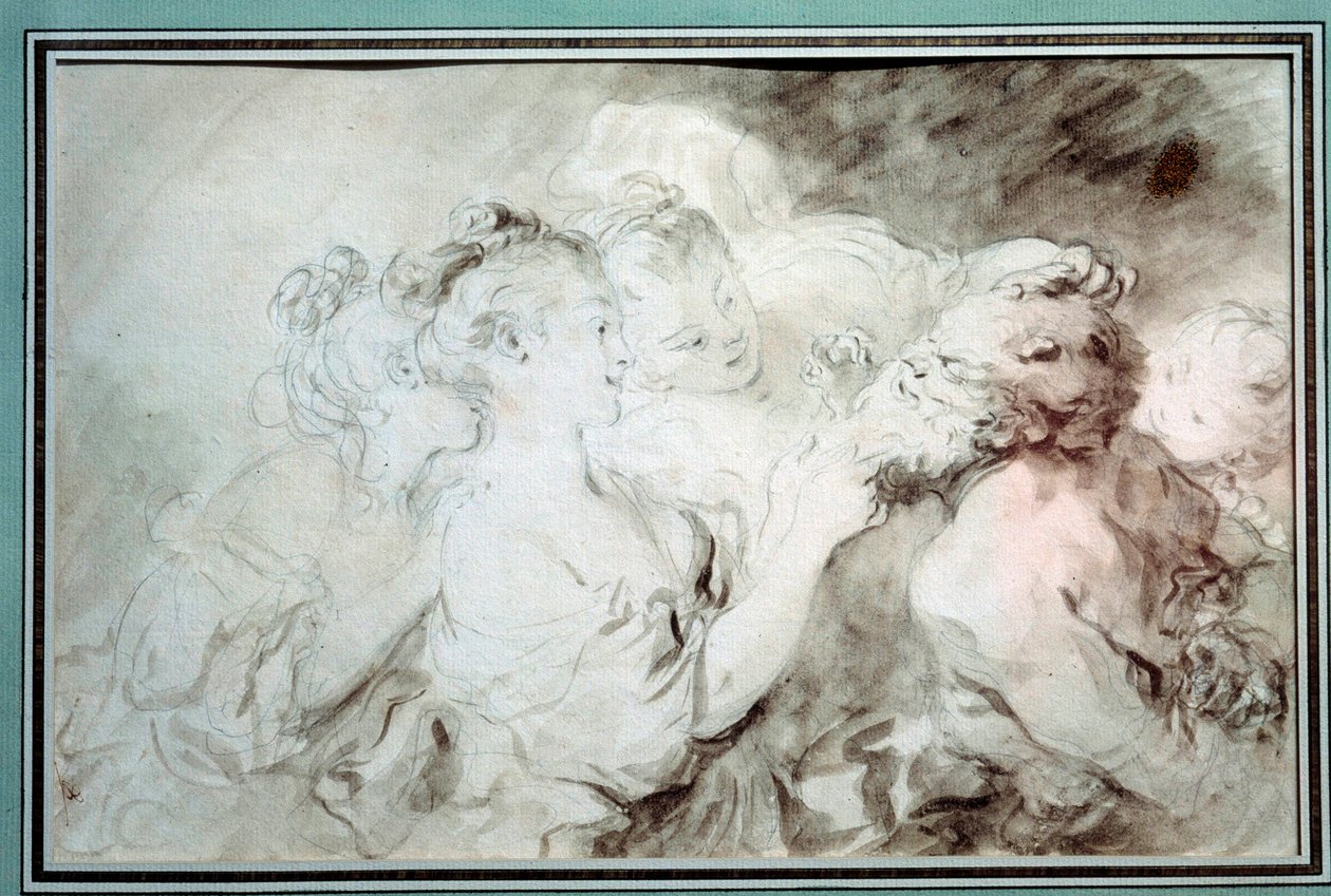 Nuoret tytöt painivat satyyrin kanssa Nuoret naiset pitävät hauskaa satyyrin parran kanssa. Jean Honore Fragonardin (1732-1806) piirustus Bistre Washissa 1700-luvun yksityinen kokoelma tekijältä Jean Honore Fragonard