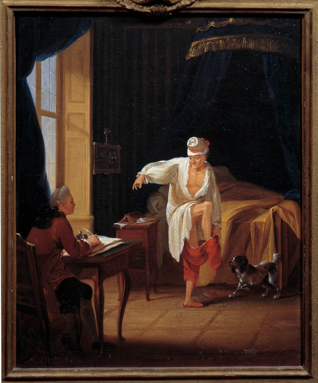 Kirjailija ja filosofi Voltaire (1694-1778) sanelee sihteerilleen Collinille Jean Huberin (1721-1786) Ferneyn maalauksen 1700-luvun Sun. 0,37 x 0,31 m Paris Musee Carnavalet tekijältä Jean Huber