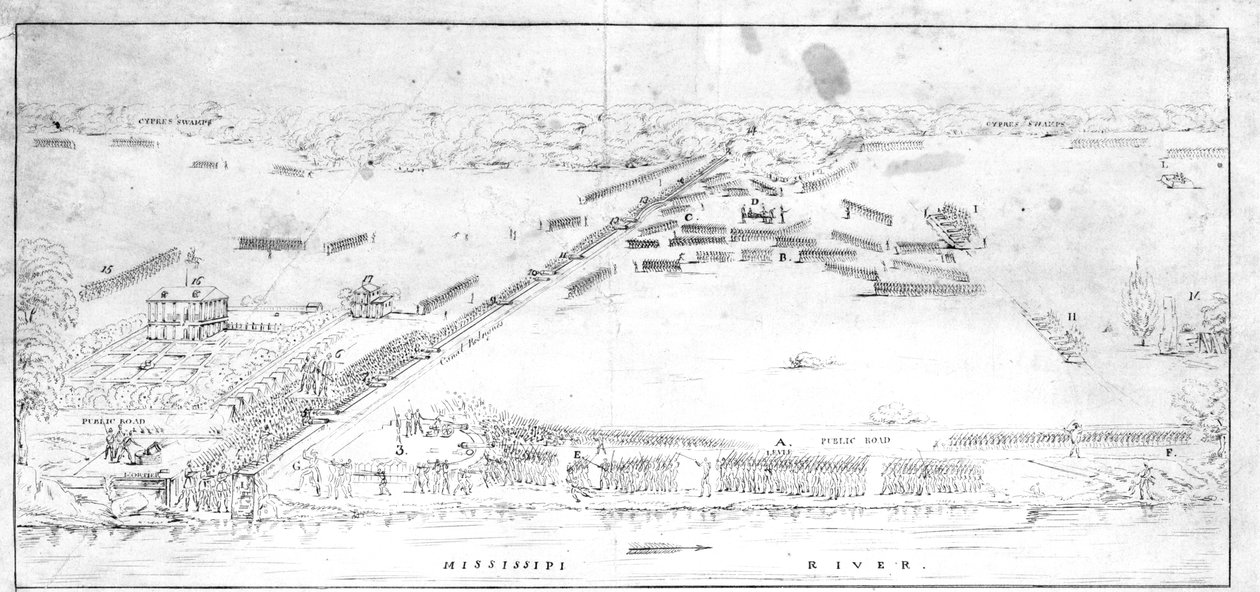 Näkymä taistelusta Chalmettes -istutuksen lähellä 8. tammikuuta 1815. tekijältä Jean Hyacinthe Laclotte