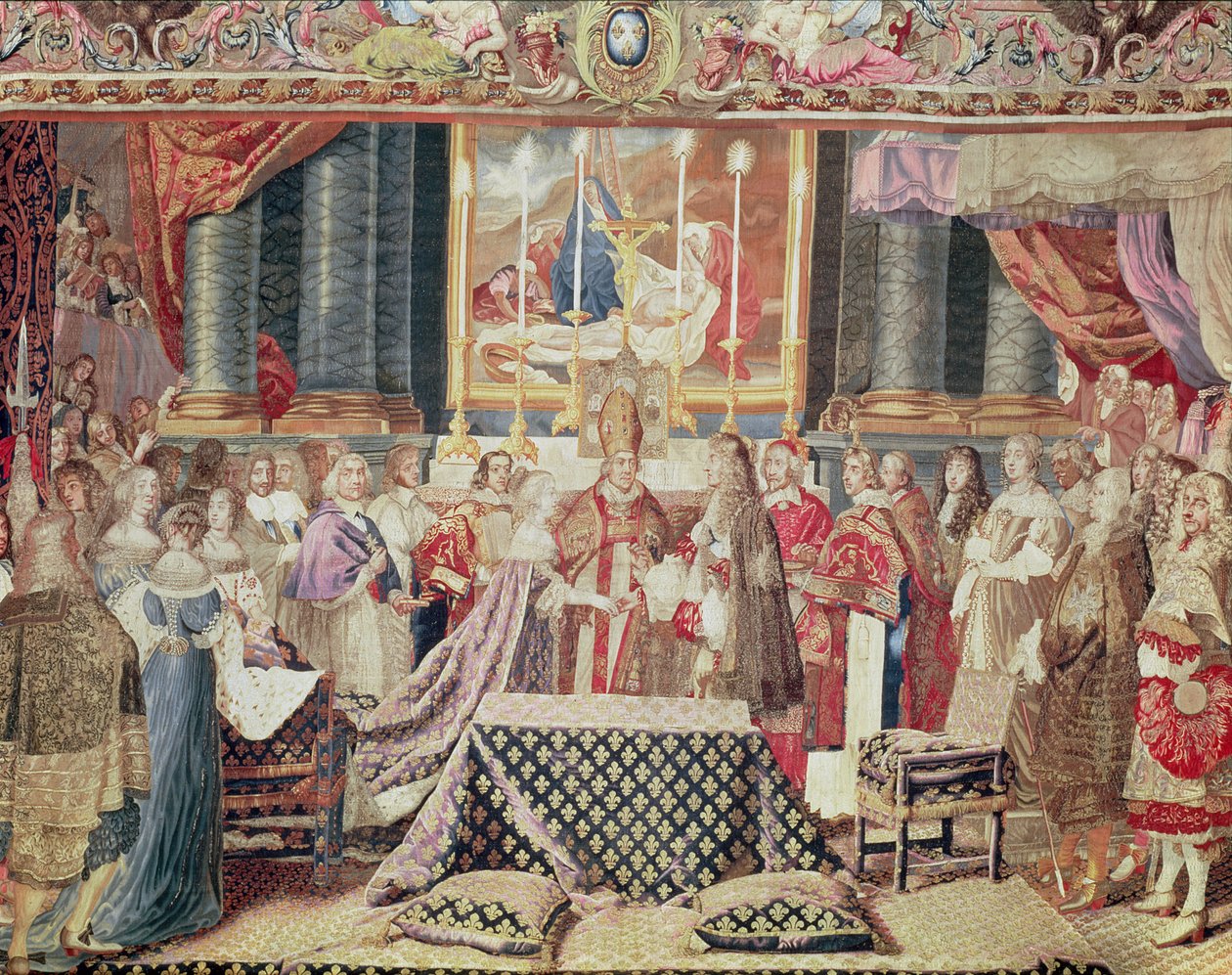 Kuninkaan häät (Louis XIV), Lebrunin sarjakuvasta "Kuninkaan historia", Gobelins Tapestry, kudottu korkealoimipuilla (villaa, silkkiä ja kultaa) tekijältä Jean II Jans