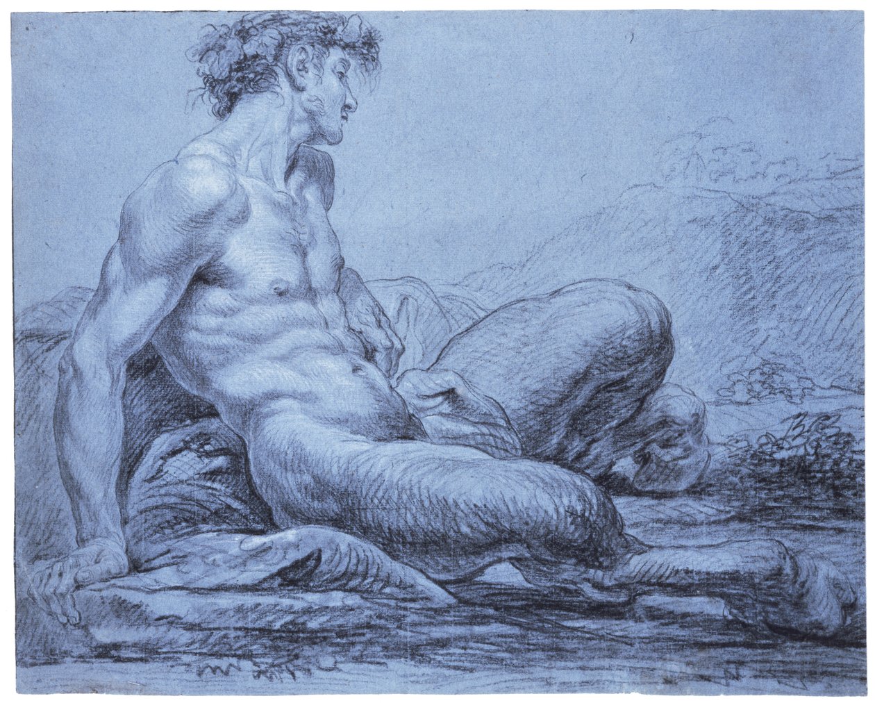 Istuva faun, n. 1755-1757 (mustavalkoinen liitu siniselle levitetylle paperille) tekijältä Jean II Restout