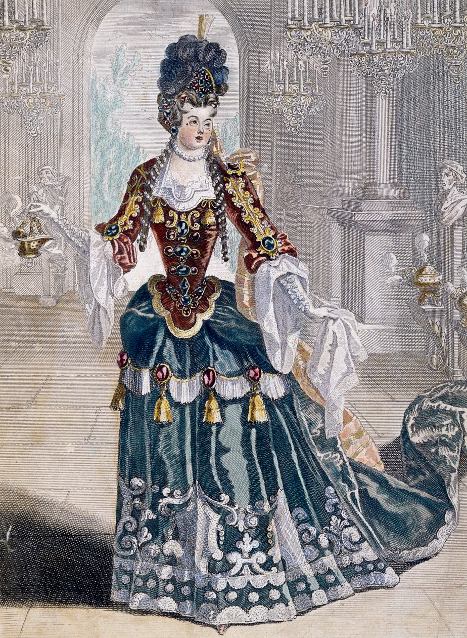 Oopperan muusikon Mademoiselle Desmatinsin (1682-1708) muotokuva, Jean Berainin kaiverrus tekijältä Jean I  Berain