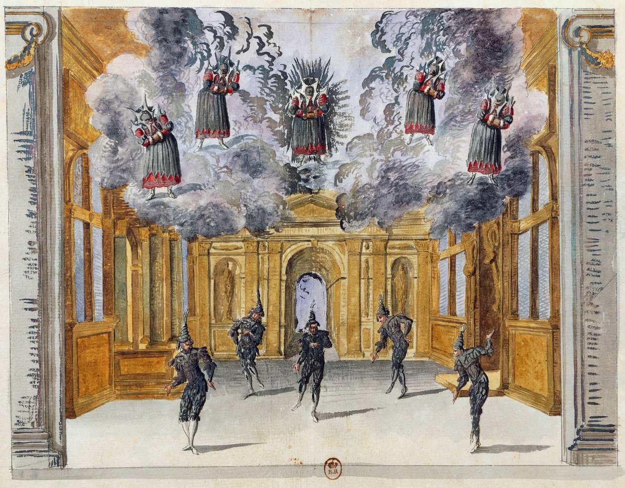 Jean-Baptiste Lullyn (1632-1687) baletin Le feste di Amore e di Bacco (Rakkauden ja Bacchuksen juhlat) lavastuksen Jean Berain vanhin (1640-1711) Pariisin Palais-Royalissa. 15. marraskuuta tekijältä Jean I  Berain