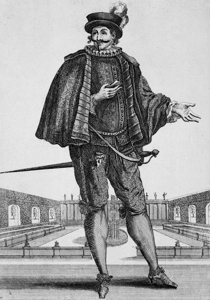 Capitan Spezzaferro, näyttämöasu, kaiverrus Jean Berain vanhin (1637-1711), Ranska tekijältä Jean I  Berain