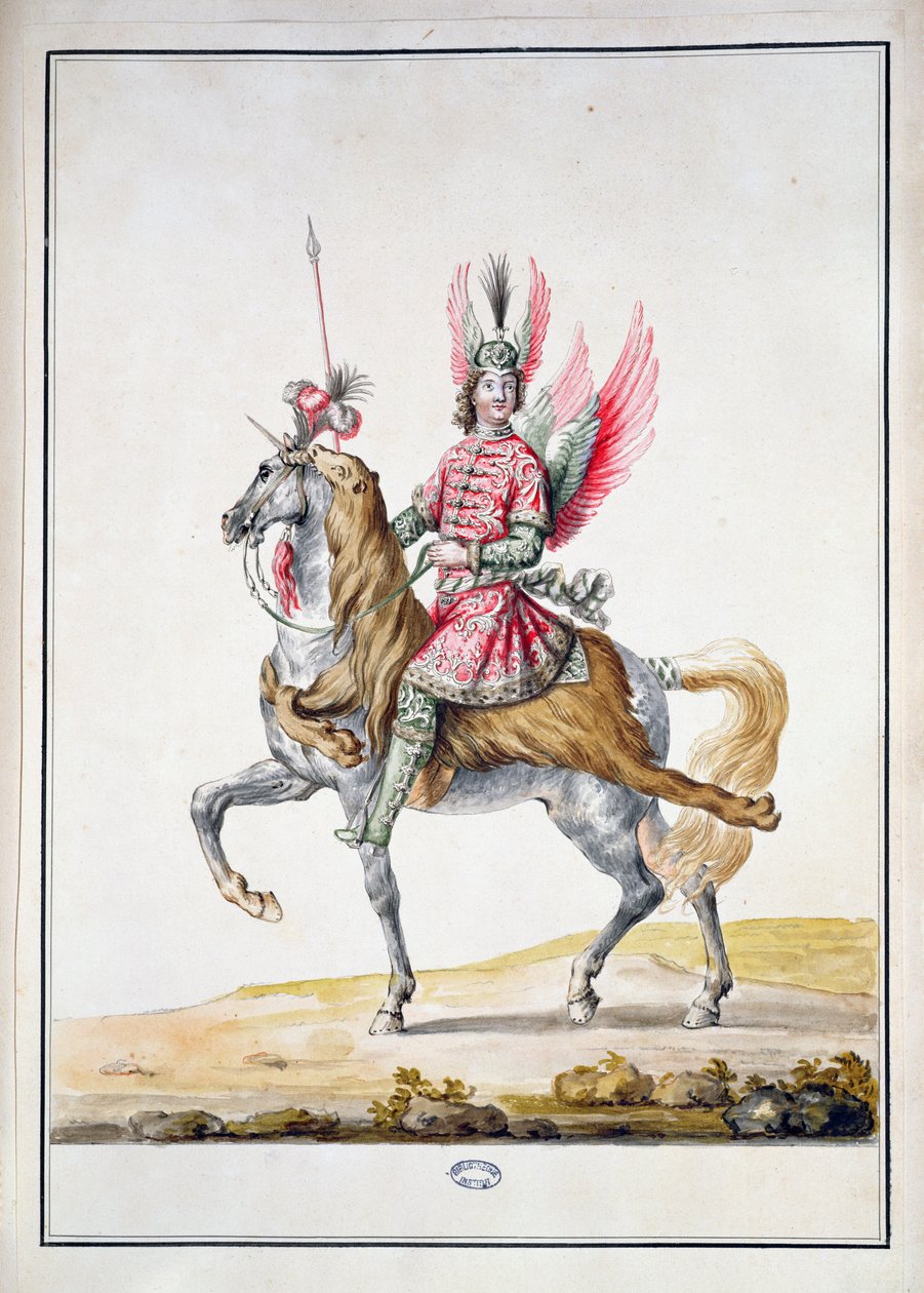 "Hevosmies siivillä", pukusuunnittelu elokuvaan "Le Carrousel des Galants Maures", 1686 tekijältä Jean I Berain