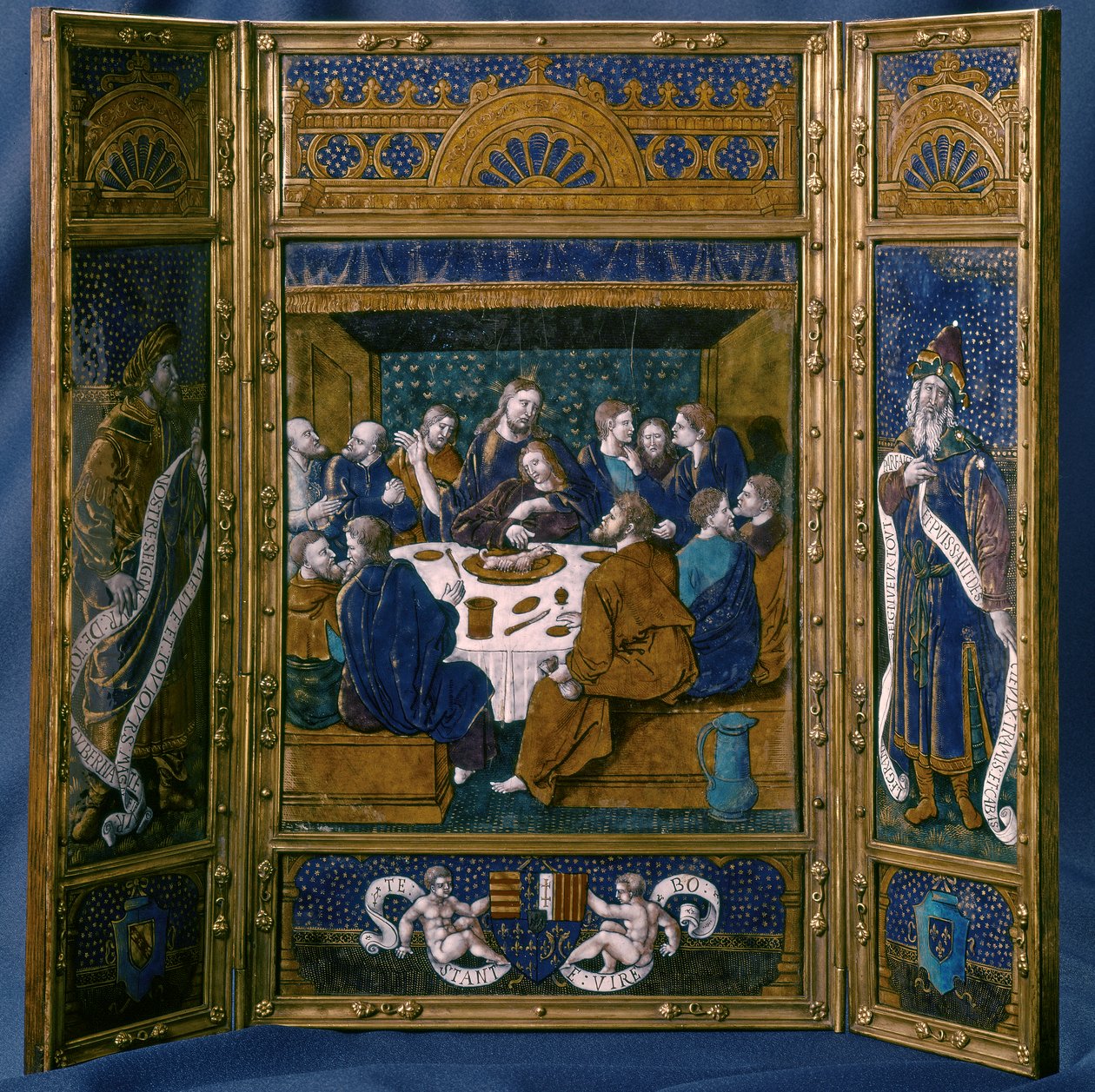 Viimeinen ehtoollinen, Tryptic, emali Limoge, n.1545 (emali cloisonne). tekijältä Jean I Pénicaud