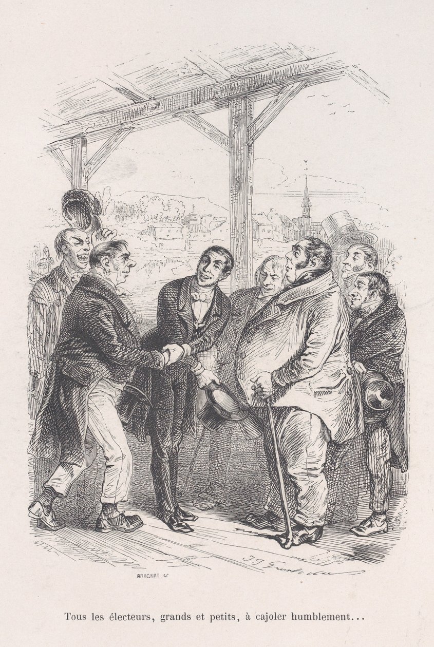 Kaikki äänestäjät, suuret ja pienet, kokoontuvat nöyrästi houkuttelemaan toisiaan... Pienistä kurjista, 1843. tekijältä Jean Ignace Isidore Gérard
