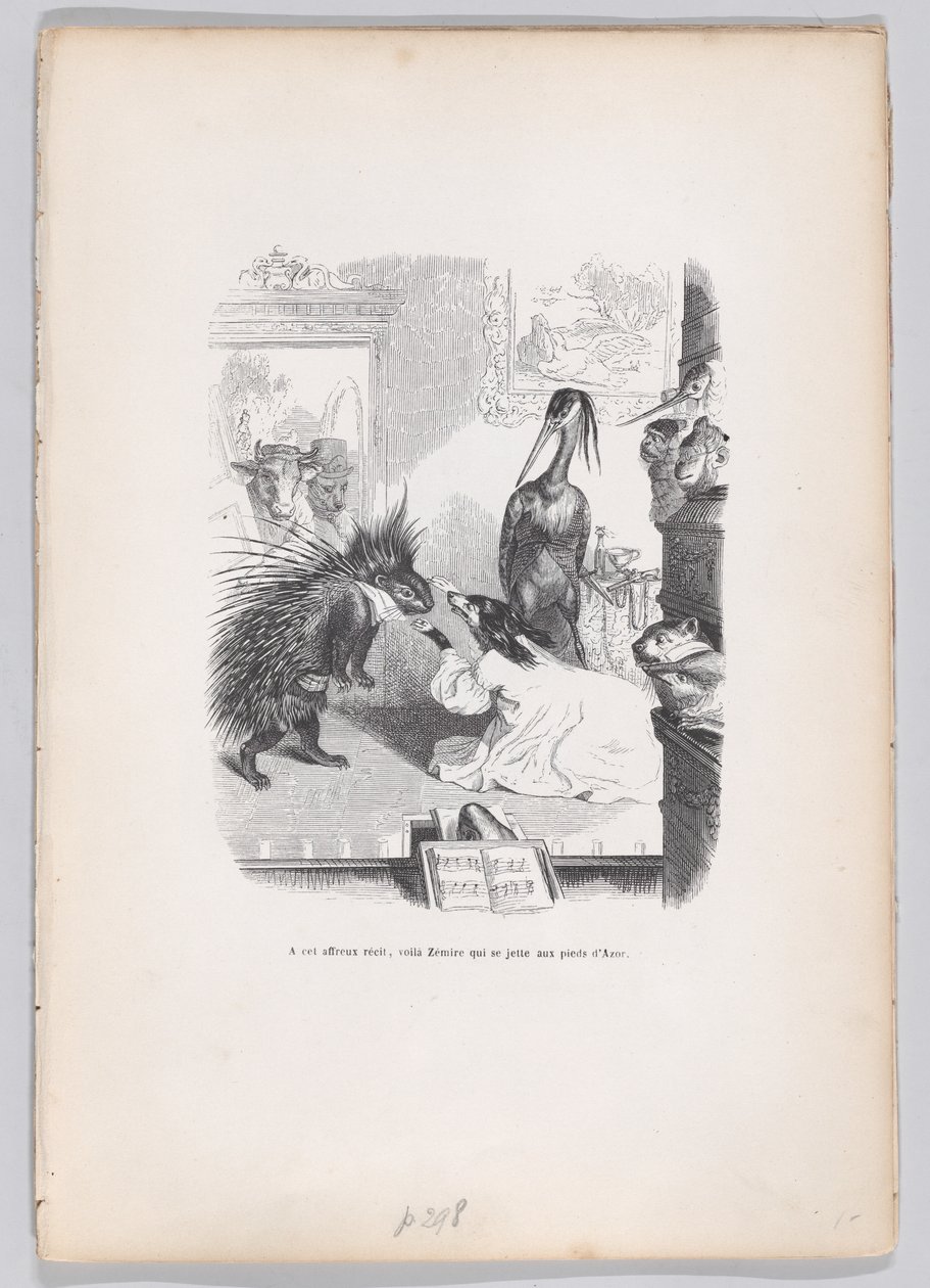 Tässä pelottavassa tarinassa Zemire heittäytyy Azorin jalkojen juureen Scenes from the ..., ca. 1837-47. tekijältä Jean Ignace Isidore Gérard